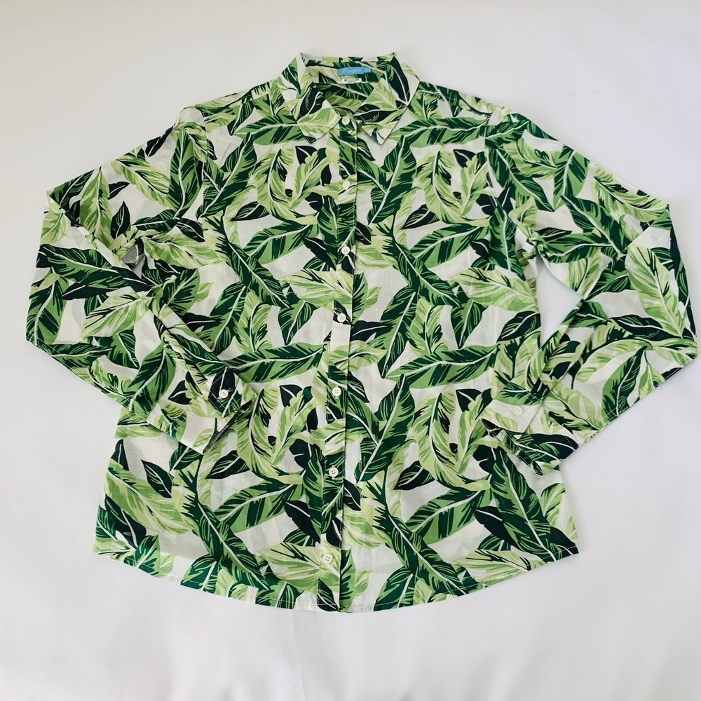 J McLaughlin Lois Shirt Women S Green Tropical Leaves Button Up‎ Coastal Resort